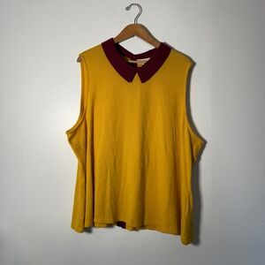 ModCloth Retro Womens 4X Mustard Yellow Burgundy Peter Pan Collar Plus Size Top